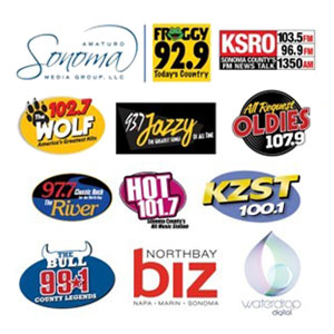 Sonoma Media Group: Froggy 92.9, KSRO 103.5FM, the Wolf 102.7, 93.7 Jazzy, All Request Oldies 107.9, the River 97.7, Hot 101.7, JZST 100.1, the Bull 99.1, Northbay Biz, waterdrop digital