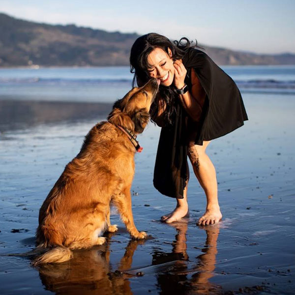 समुद्र तट पर कुत्ते के साथ मॉर्फियस मेड स्पा