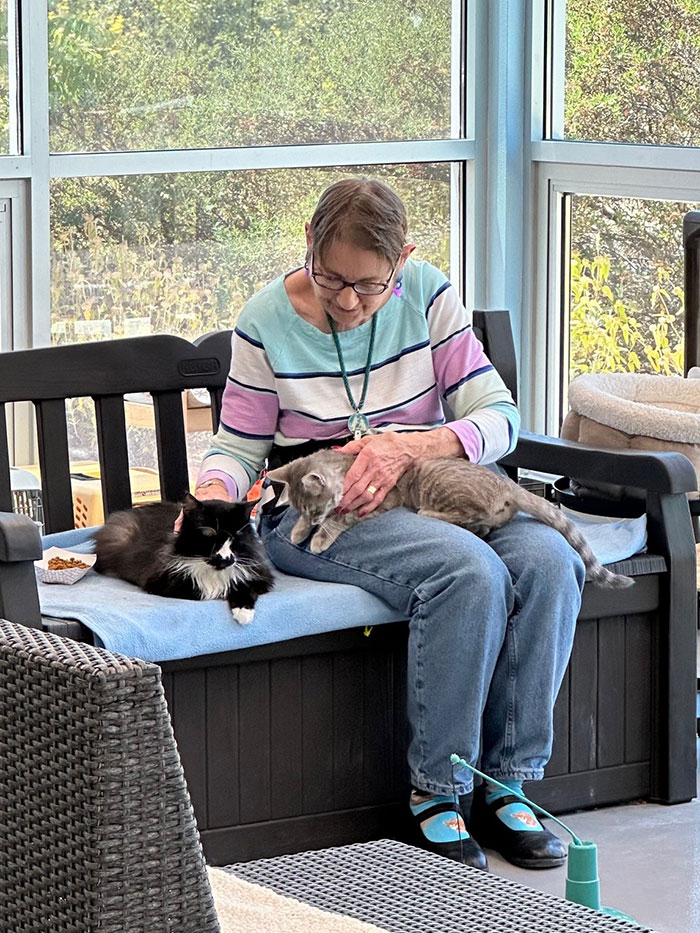 Ruth with cats in Kitty City in Healdsburg